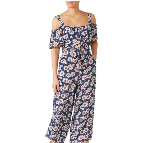 M.i.h. Jeans Silk Elodie All In One Jumpsuit Blue White Red Floral Size Medium - Picture 1 of 15